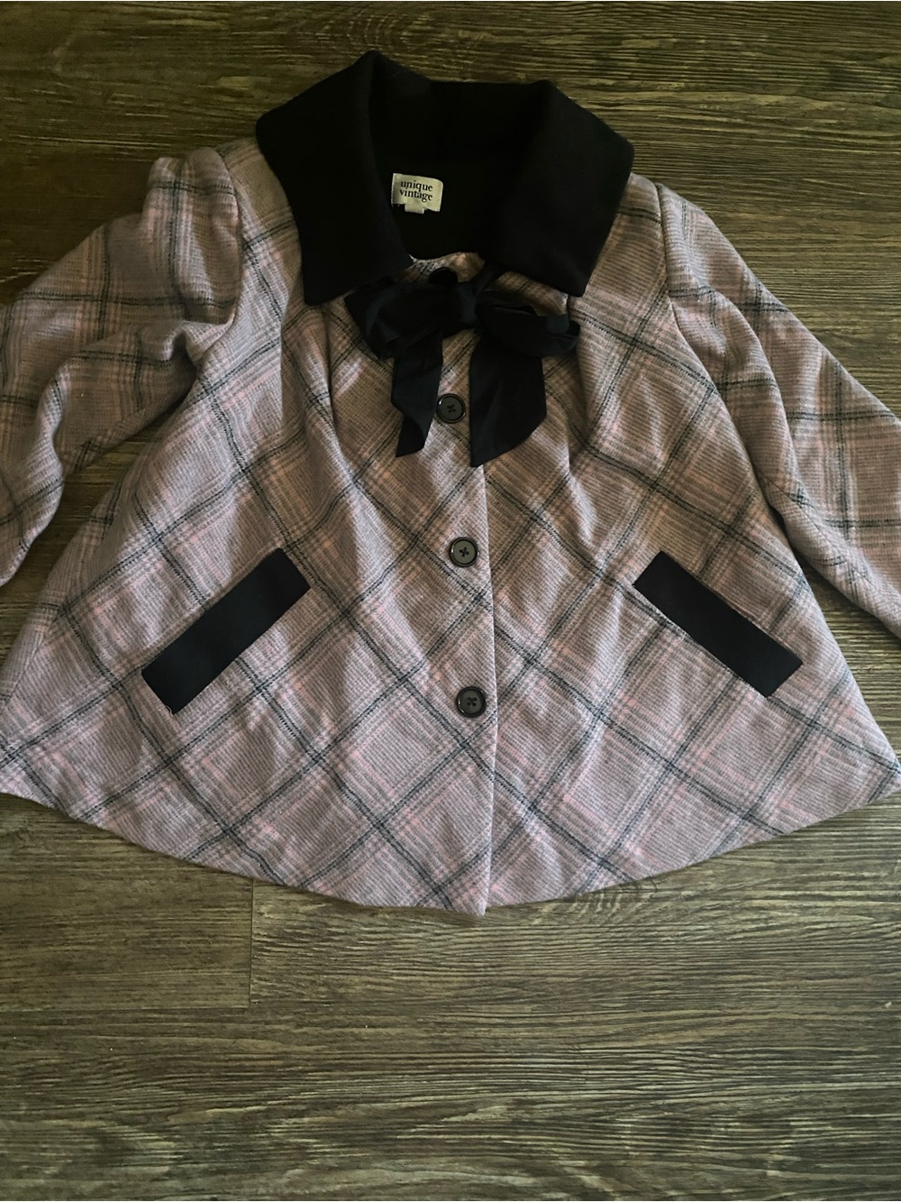 Unique Vintage Pink Plaid Bow-Collar Coat with Black Trim
